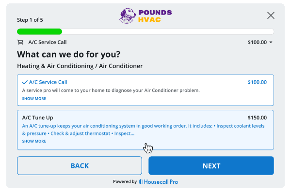 A screenshot of the Housecall Pro field service management software for HVAC