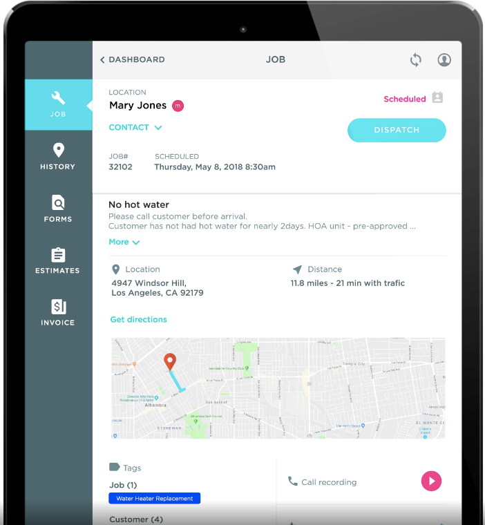 A screenshot from the ServiceTitan work order management mobile app