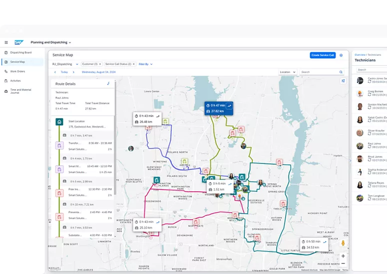 A screenshot of the SAP Field Service Management dispatch software for service companies