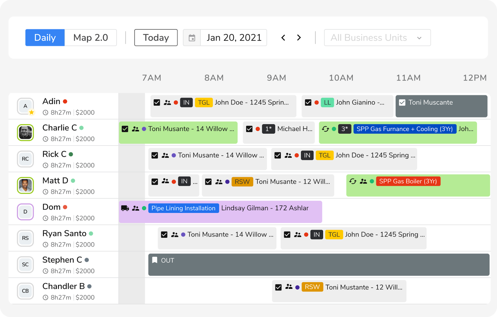 A screenshot of the ServiceTitan dispatch software for service companies