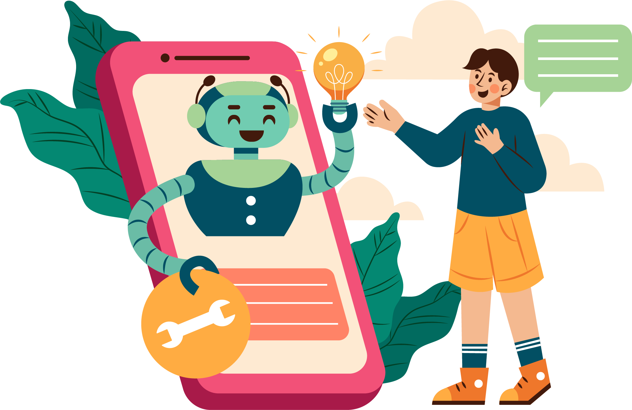 An illustration of an AI chatbot within a field service management app on a mobile phone
