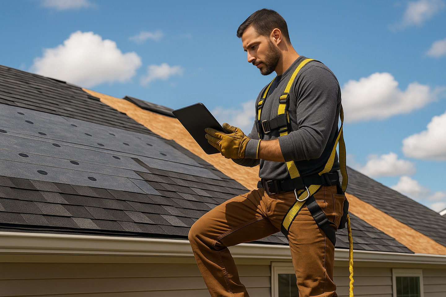 A roofer using scheduling software and tools