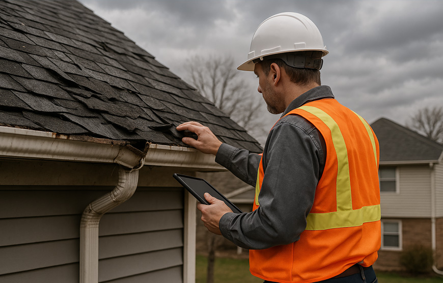 A roofing contractor inspecting storm damage after getting roofing leads from insurance companies