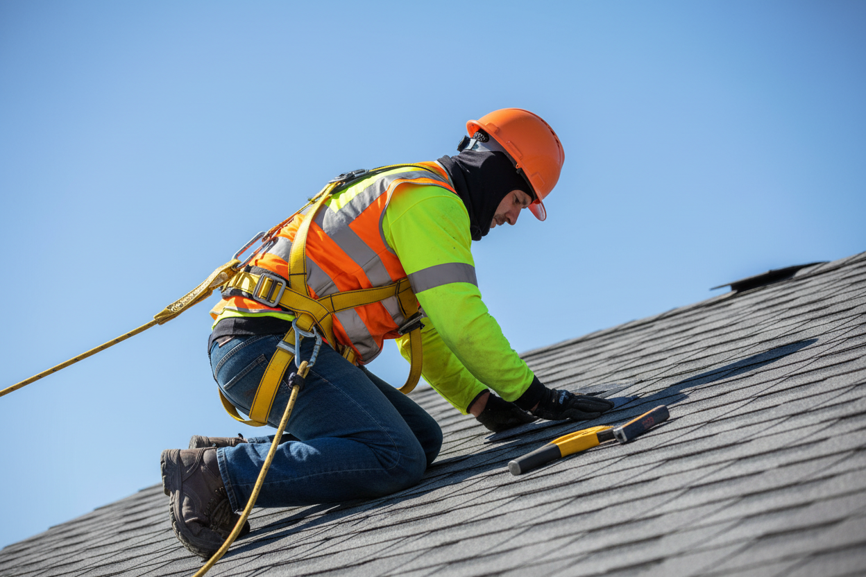 A roofer using roofing safety equipment