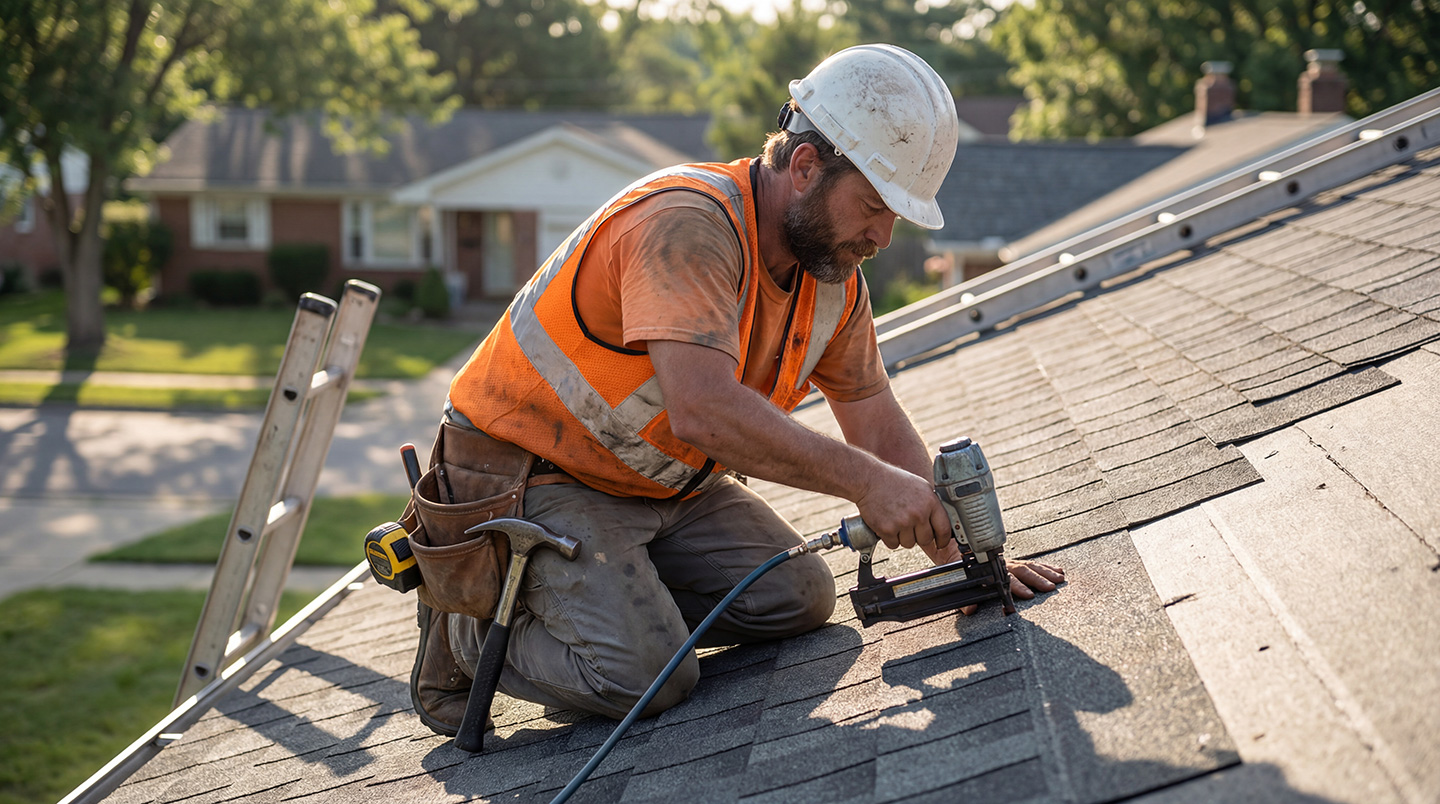 A roofer on a job scheduled with all-in-one roofing CRM software
