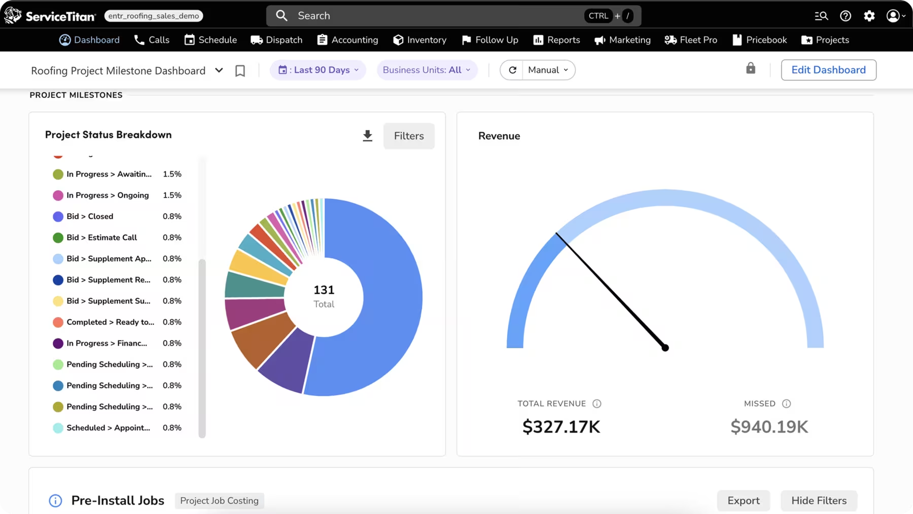 ServiceTitan’s roofing project milestone dashboard