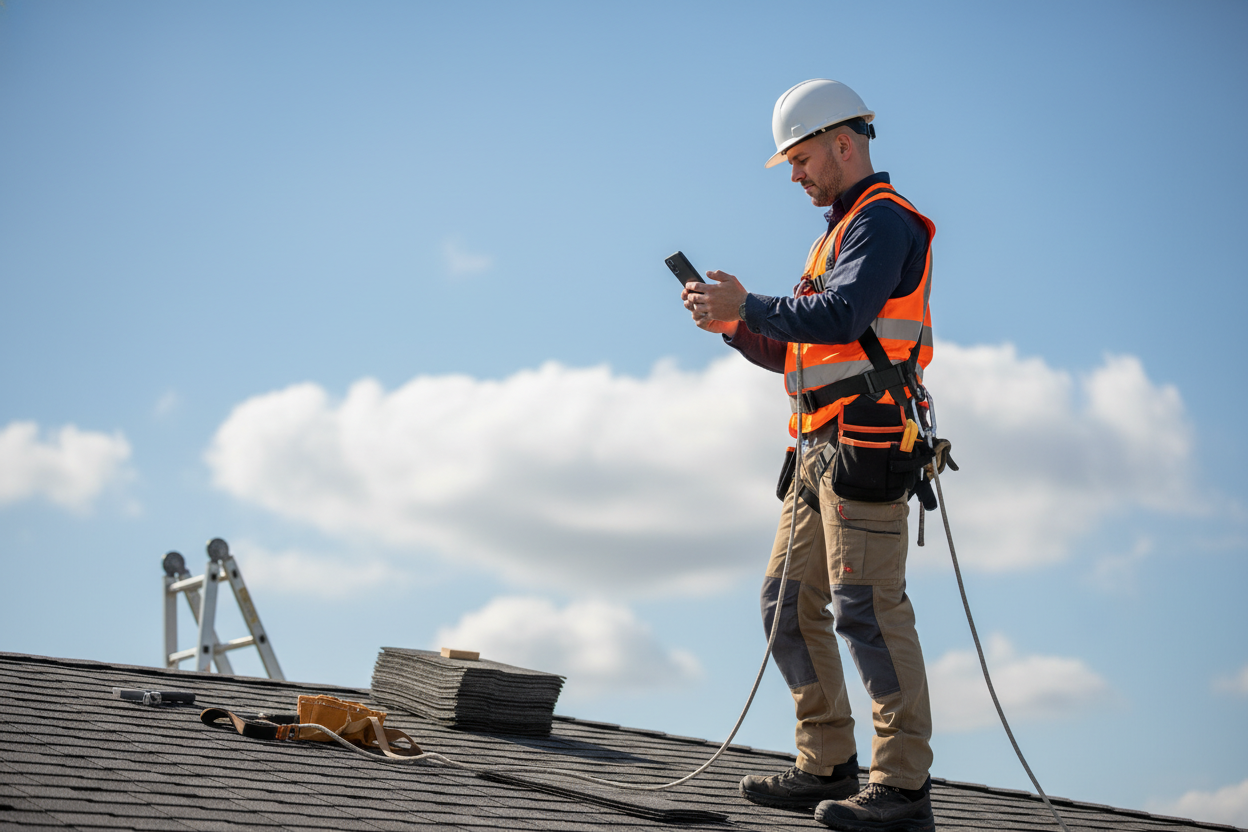 A roofer using estimating roofing software