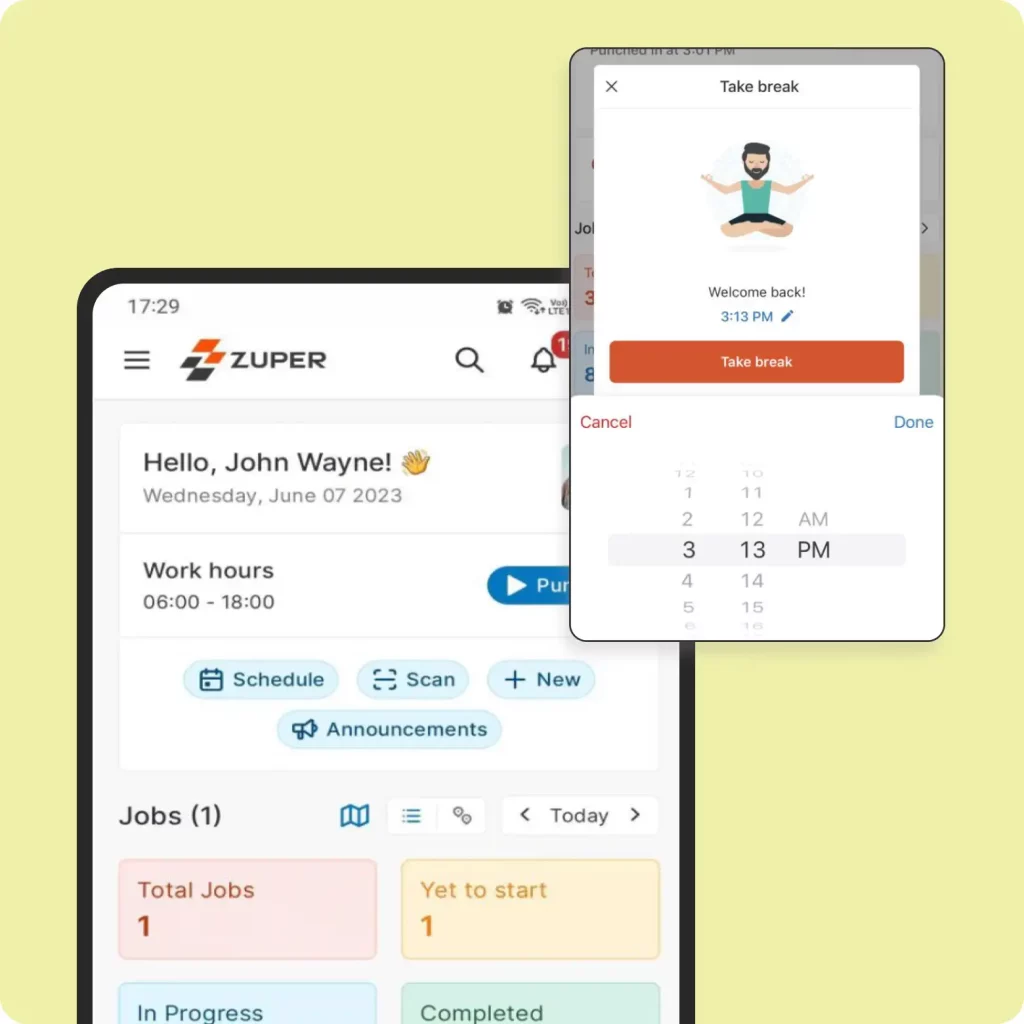 A screenshot from the Zuper mobile app with offline mode