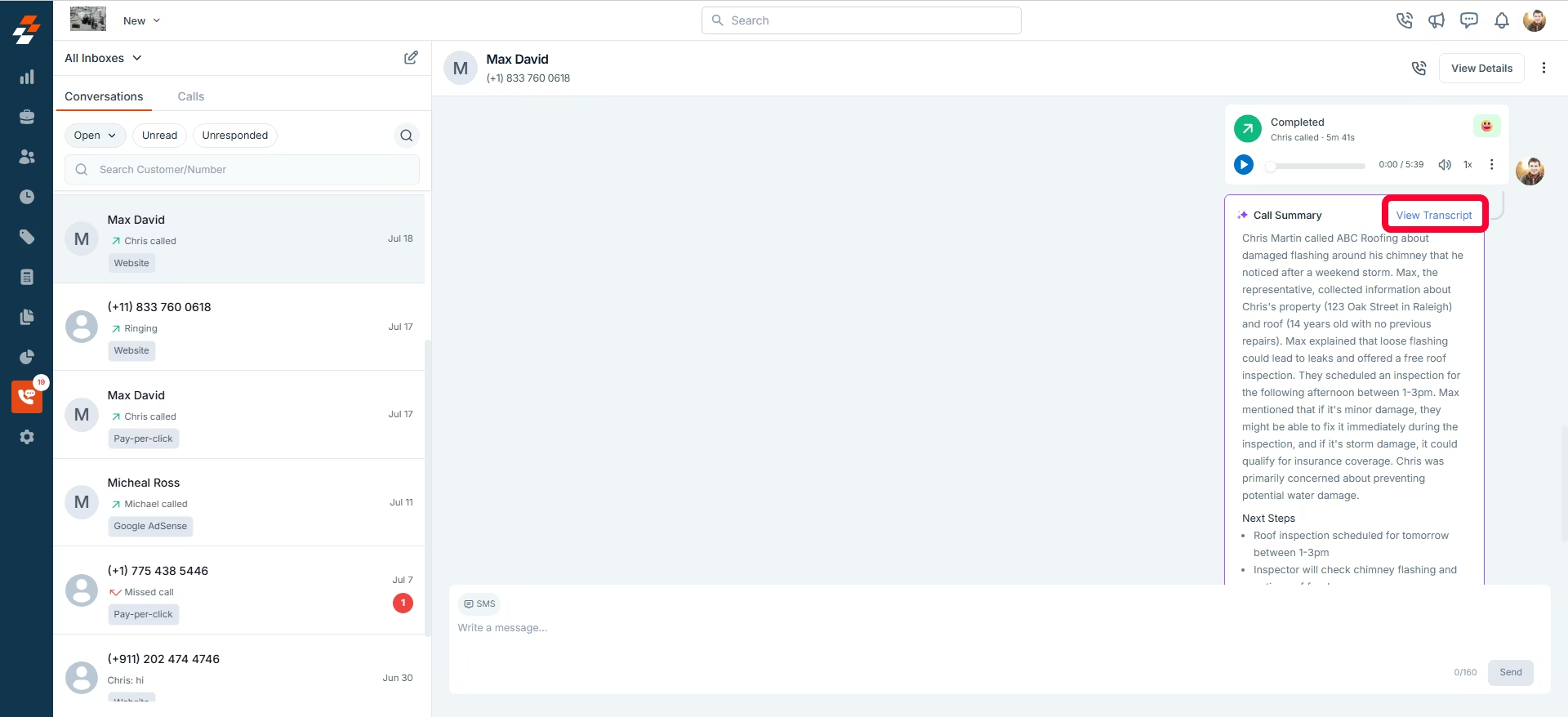 Zuper’s AI Call Summary feature