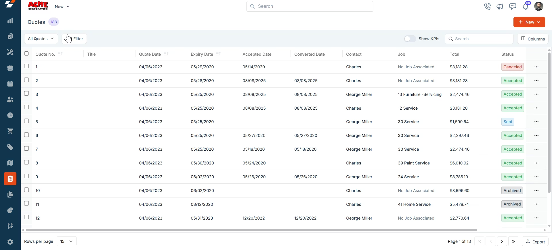Zuper’s quote management dashboard