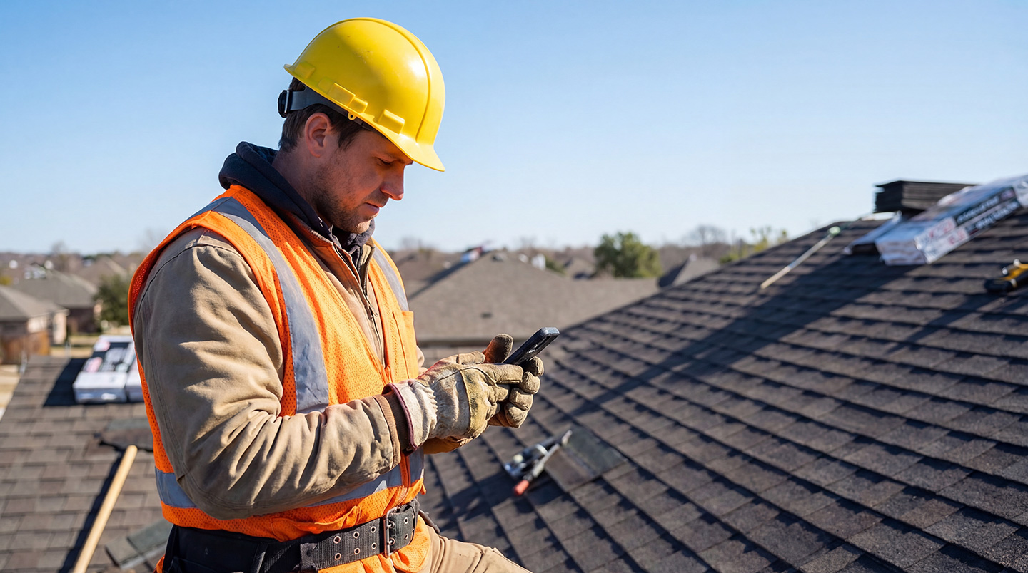 A roofer using the best roofing field service software for small businesses on a smartphone from the jobsite