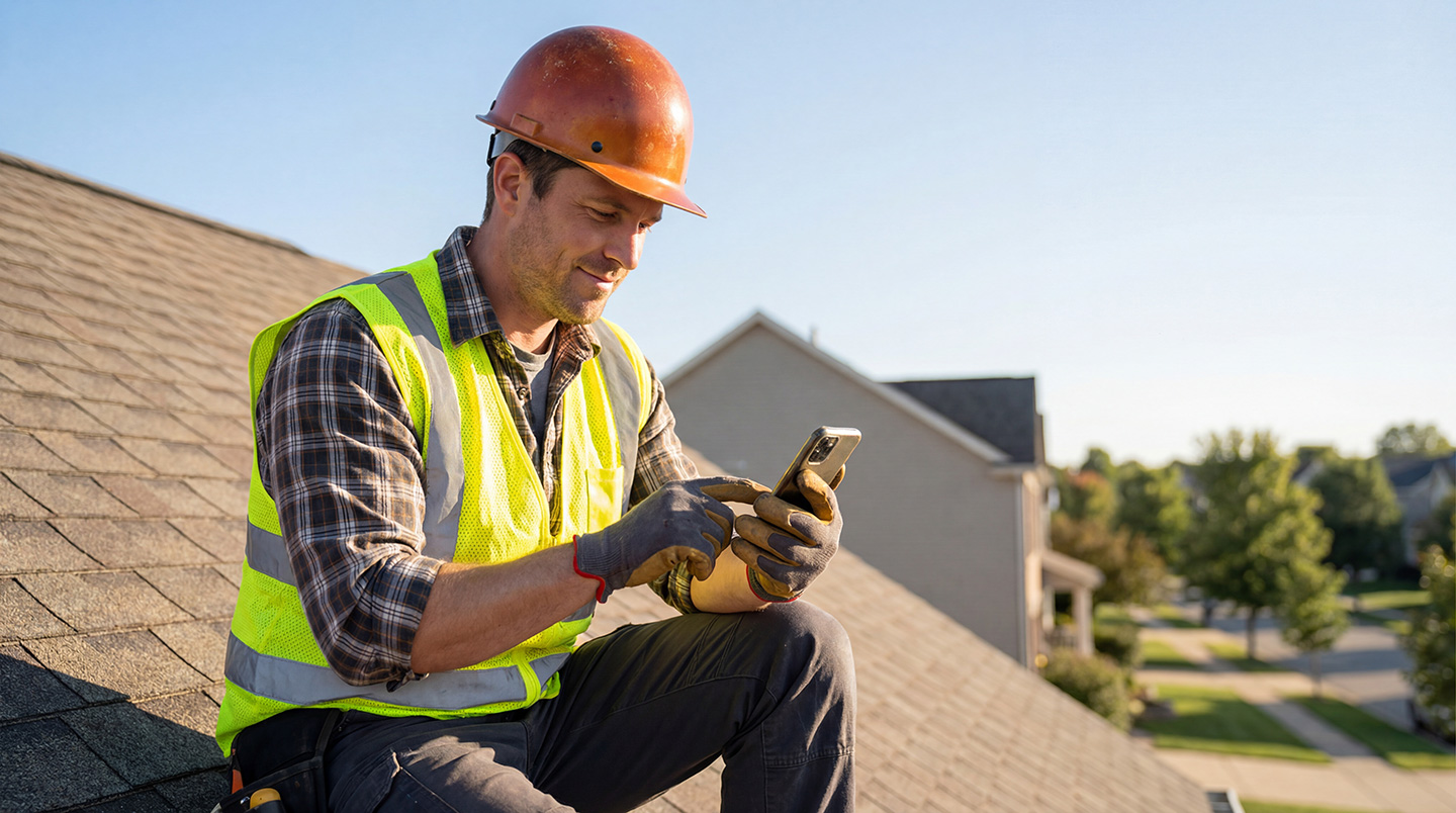 A roofer using the easiest home service CRM software on a job site