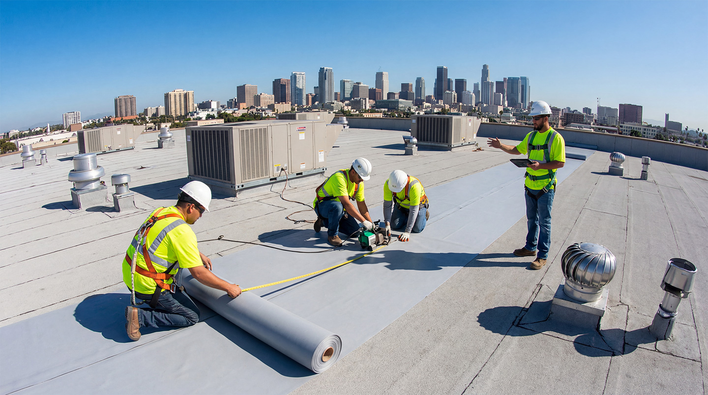 A roofing crew on a commercial project won with the best roofing CRM for growth