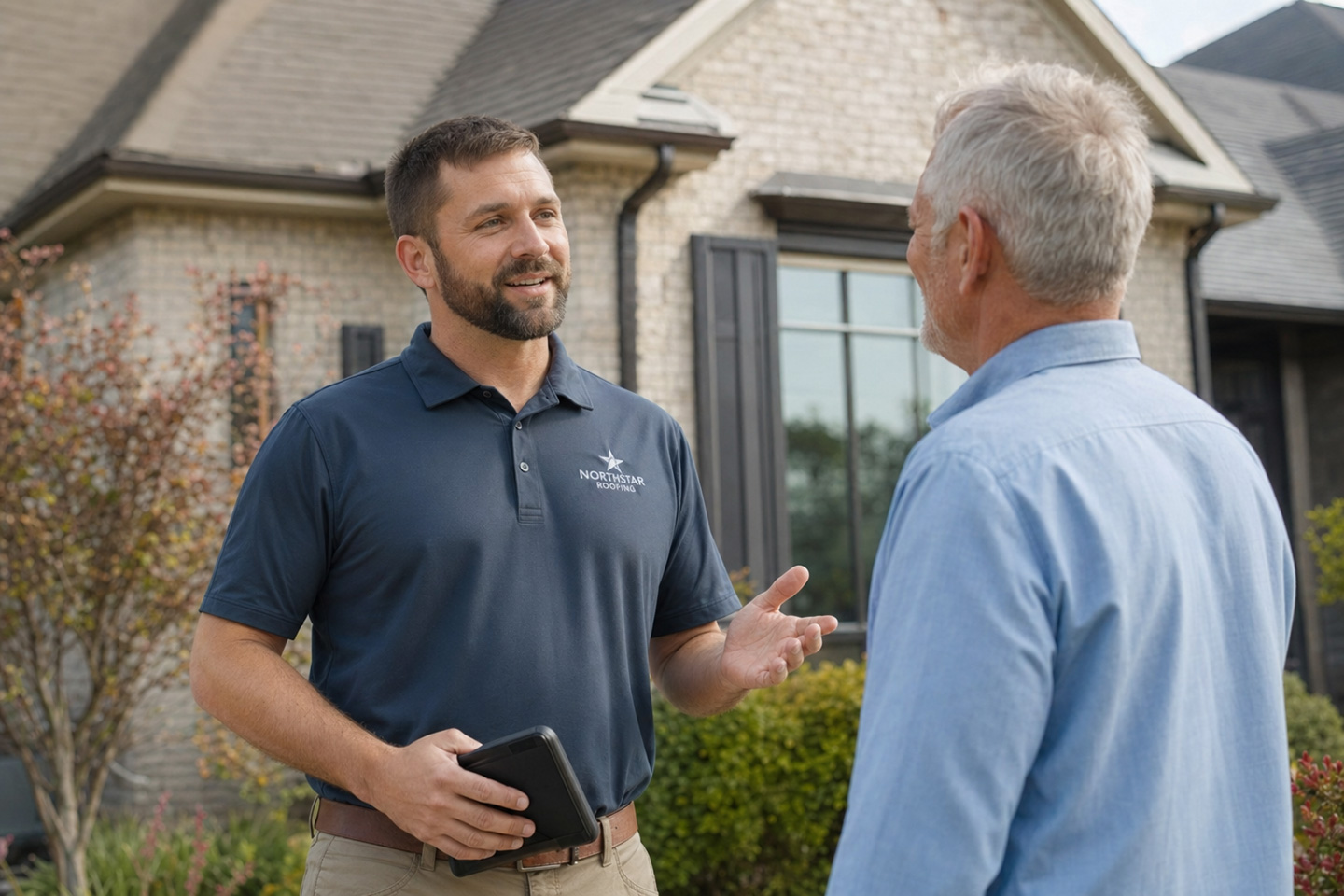 A roofer speaking to a customer after using a top roofing CRM to increase sales