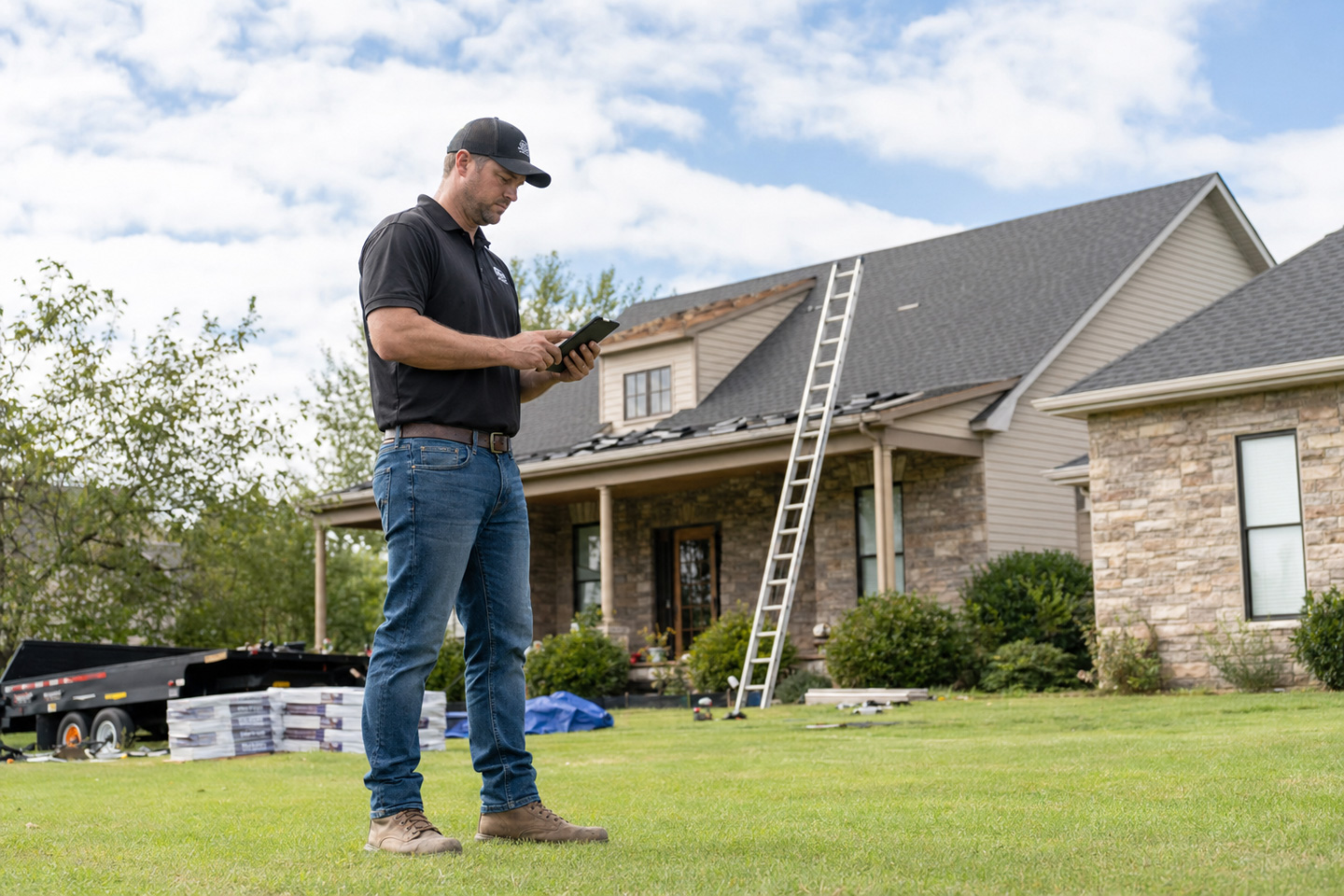 A roofer using a smartphone to use the best roofing CRM with QuickBooks integration