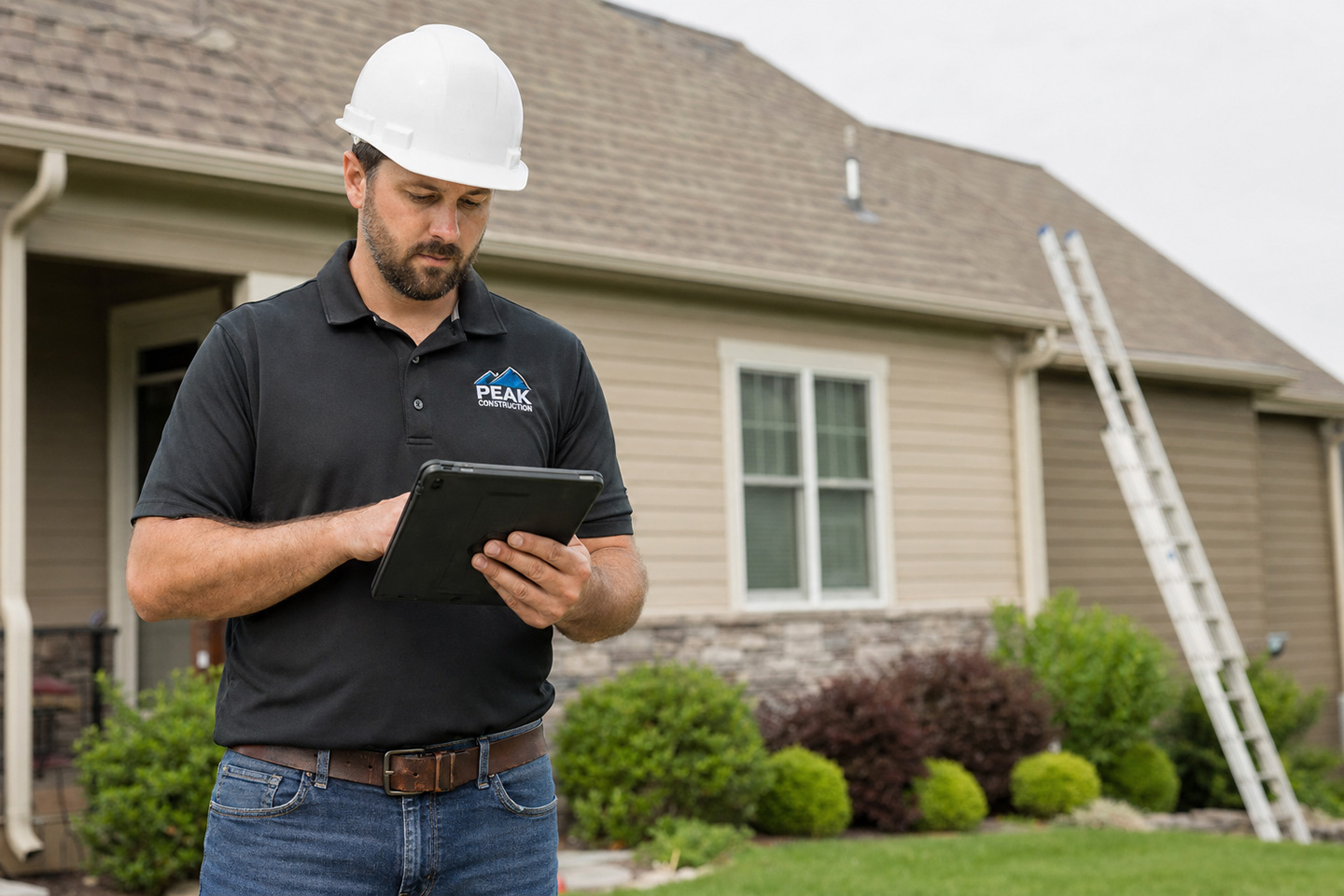 A roofer using all-in-one software on a tablet to reduce estimate errors in roofing