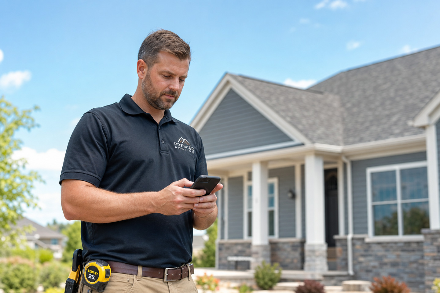 A roofer using the best AI roofing CRM software on a smartphone
