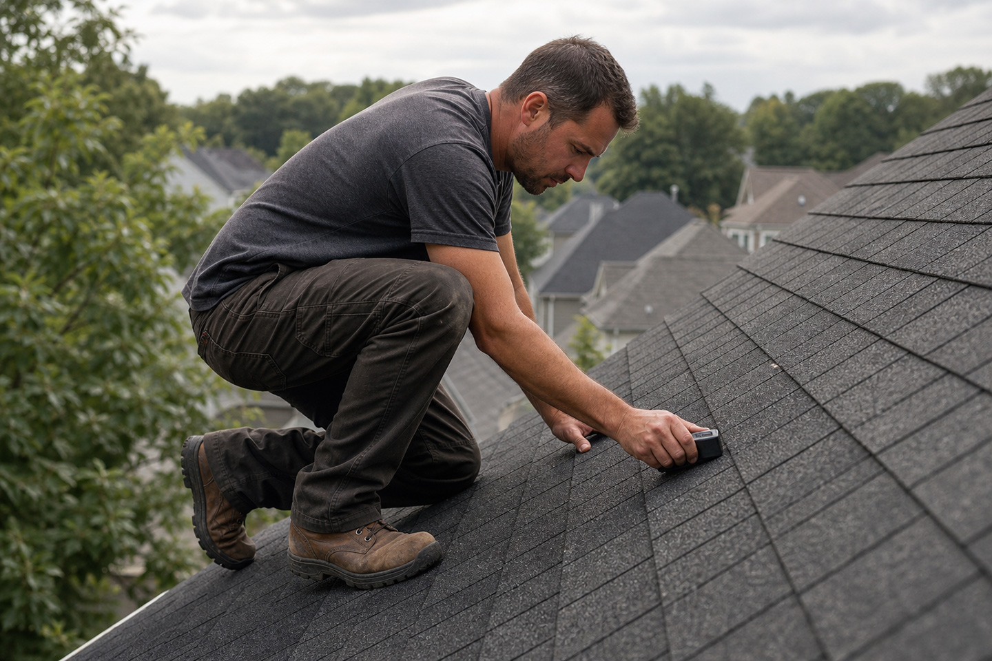 A roofer measuring a roof before using a roof slope calculator