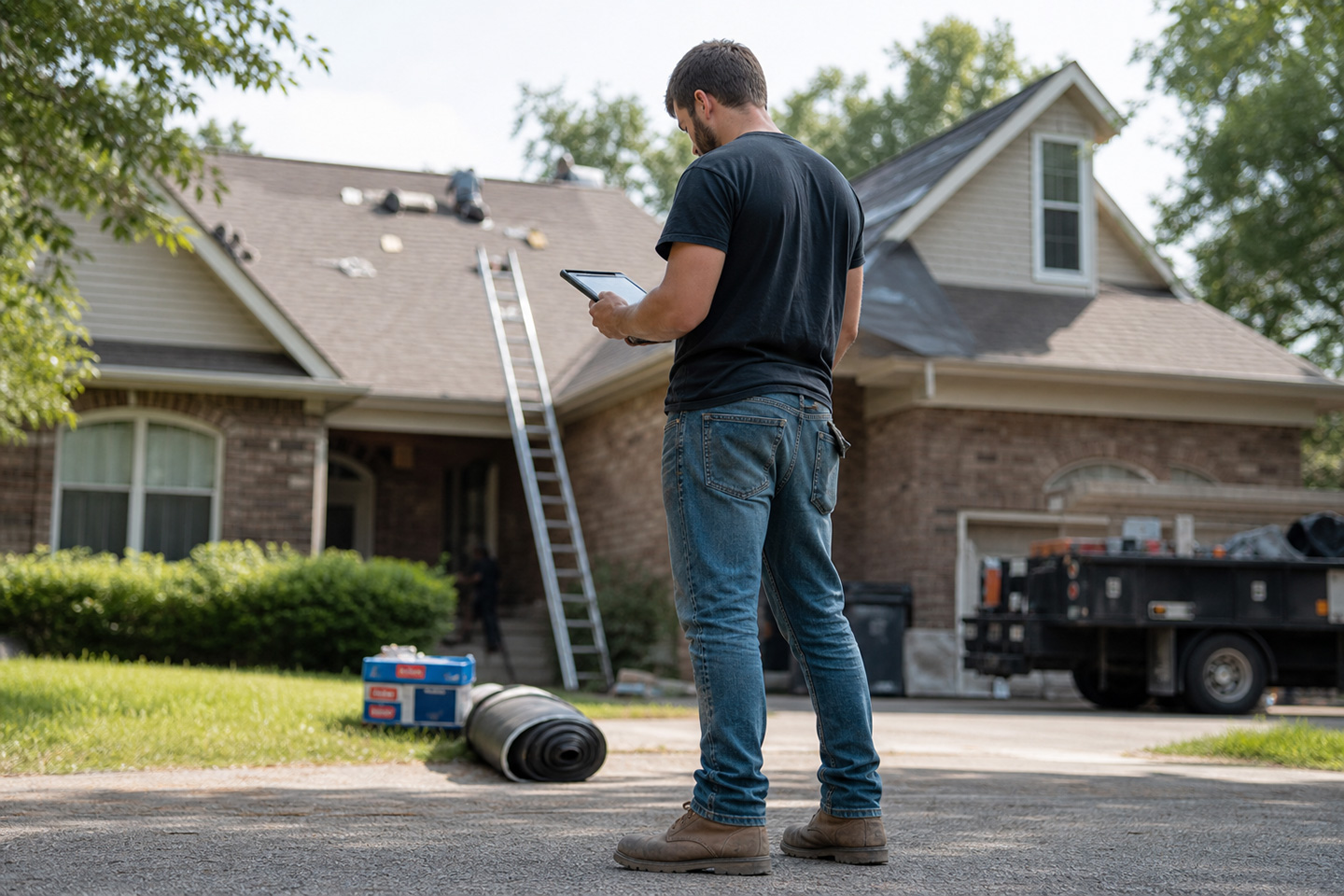 Roofing contractor reviewing estimating software on a tablet at a residential job site, with a shingled roof visible in the background