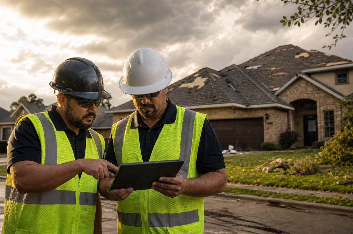 Roofing crew reviewing job details on a tablet at a storm-damaged home: a field-first workflow supported by the best roofing CRM for storm restoration